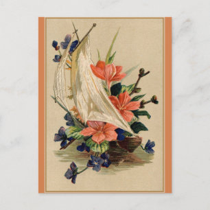 Antike Malerei - Blumen in einem Segelboot. Postkarte