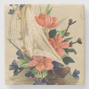 Antike Malerei - Blumen in einem Segelboot. Steinuntersetzer