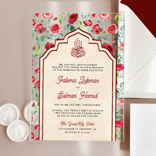 Antike marine rote Rosen Blumen muslimische Hochze Acryleinladungen