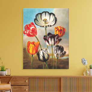 Antike mehrfarbige Tulpenblumen in einer Landschaf Leinwanddruck