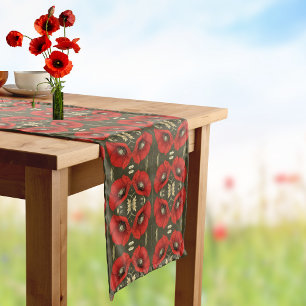 Antike Mohnblumen Gold-Rot Art Nouveau Muster Kurzer Tischläufer