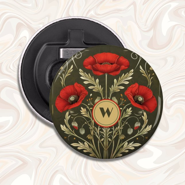 Antike Mohnblumen Gold Rot Jugendstil Monogramm Flaschenöffner (Von Creator hochgeladen)