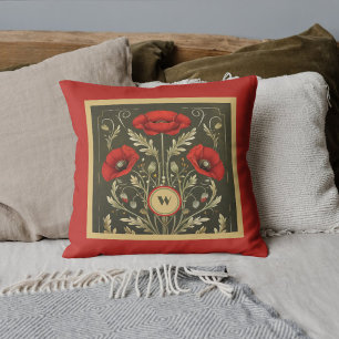 Antike Mohnblumen Gold Rot Jugendstil Monogramm Kissen