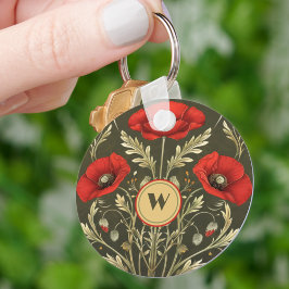 Antike Mohnblumen Gold Rot Jugendstil Monogramm Schlüsselanhänger