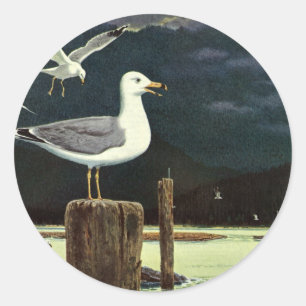 Antike Möwe auf Pier, Meeresvögel Tiere Runder Aufkleber