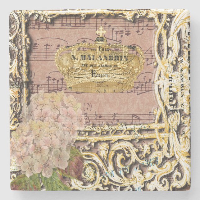 Antike Musik-französische Goldkronen-Collage Steinuntersetzer (Vorderseite)