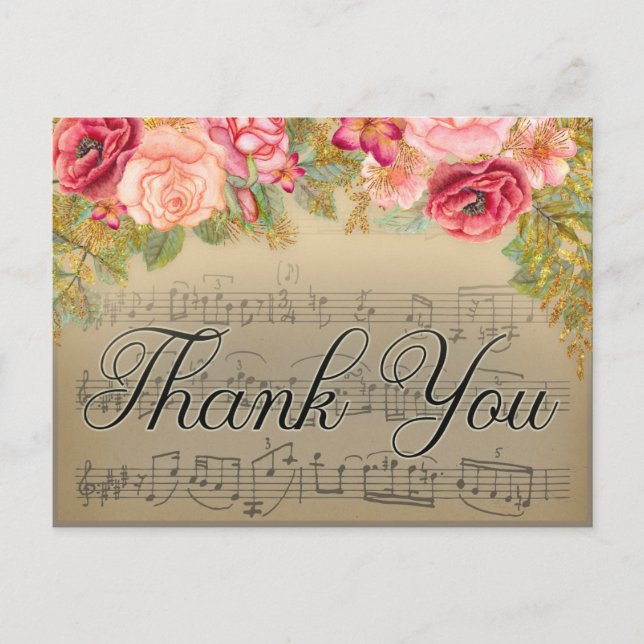Antike Musik mit rosa Gelb Gold Floral Vielen Dank Postkarte (Vorderseite)