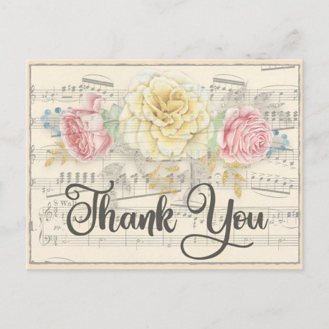 Antike Musik mit rosa gelber Blüte Vielen Dank Postkarte (Vorderseite)