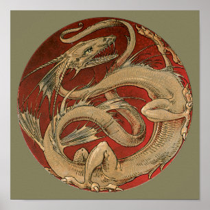 Antike Mythologie, alter goldener asiatischer Drac Poster