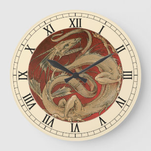 Antike Mythologie, goldener asiatischer Drache Große Wanduhr