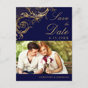 Antike Navy Blau Gold Damast Foto Save-the-Date-Ka Ankündigungspostkarte