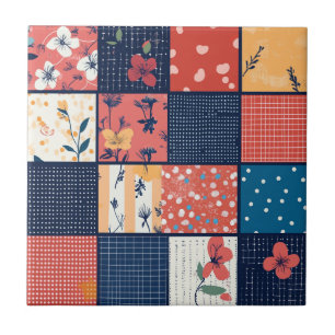 Antike Navy-Korallen-Blumen-Patchwork-Decke Fliese
