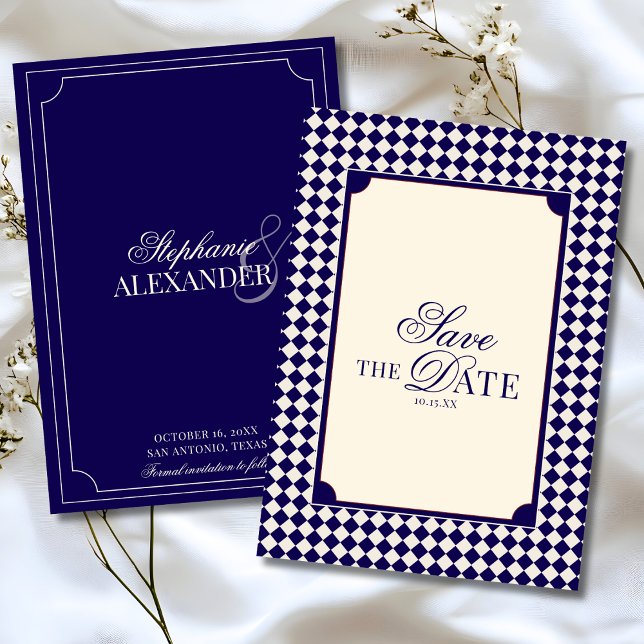 Antike Navyblaue karierte Old-Money-Hochzeit Save The Date (Von Creator hochgeladen)