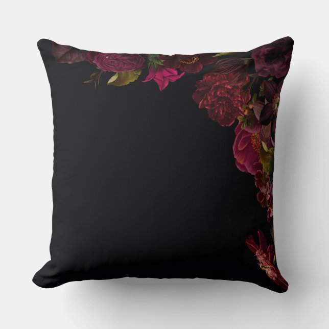 Antike nostalgische dunkle Rose und Blume auf schw Kissen (Vorderseite)