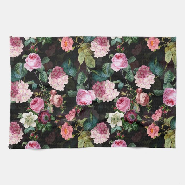 Antike Nostalgische Redouté-Rose Muster schwarz Geschirrtuch (Horizontal)