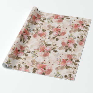 Antike Nostalgische Redouté-Rose Muster sepia Geschenkpapier