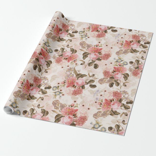 Antike Nostalgische Redouté-Rose Muster sepia Geschenkpapier (Ungerollt)