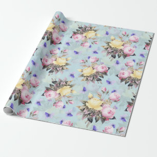 Antike Nostalgische Redouté-Rose Musterblau Geschenkpapier