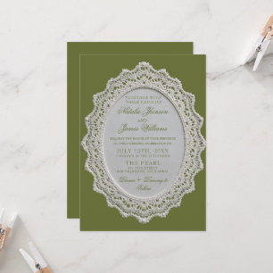 Antike Olive-Grün-Spitzen-Doily-Old-Money-Hochzeit Einladung