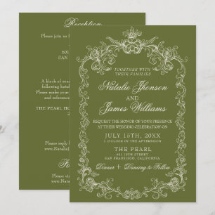 Antike Oliven Grün Old Money All-in-One-Hochzeit Einladung