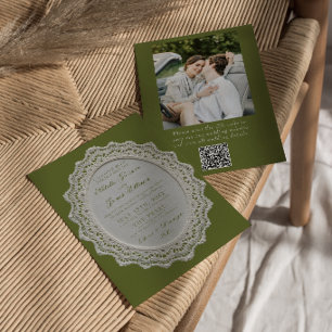 Antike Oliven-grüne Spitze QR-Code Foto-Hochzeit Einladung