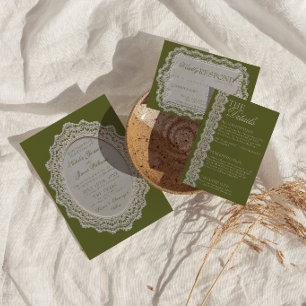Antike Olivgrüne Spitze Old Money Foto-Hochzeit Einladung