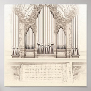 Antike Orgel-Skizze und antike Notenblätter Poster