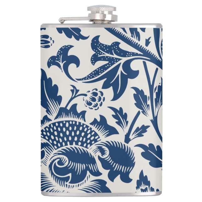 Antike Ornamentik Blumenweiß auf Marine Flachmann (Vorderseite)
