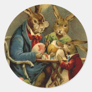 antike Osterhasen beim Eierbemalen Runder Aufkleber