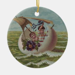 Antike Osterkarte Segelndes Ei Kinder Keramik Ornament