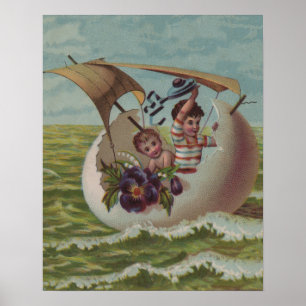 Antike Osterkarte Segelndes Ei Kinder Poster
