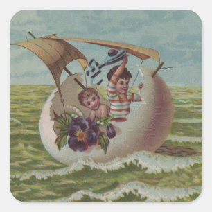 Antike Osterkarte Segelndes Ei Kinder Quadratischer Aufkleber