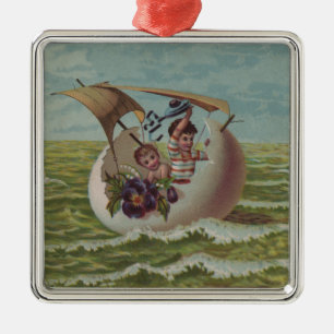 Antike Osterkarte Segelndes Ei Kinder Silbernes Ornament