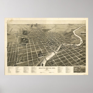 Antike panoramische Karte South Bend Indiana 1890 Poster