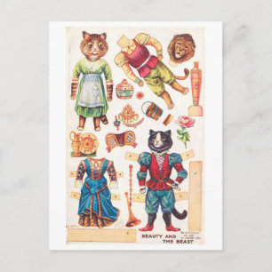 Antike Papierpuppe Postkarte--Katze Schönheit und Postkarte