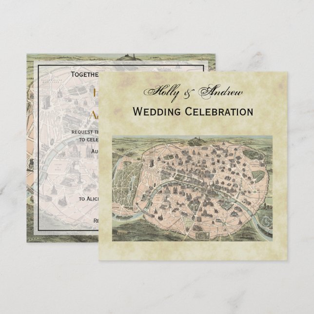 Antike Pariser Karte, gestörte BG #3 SQ Hochzeit Einladung (Vorne/Hinten)