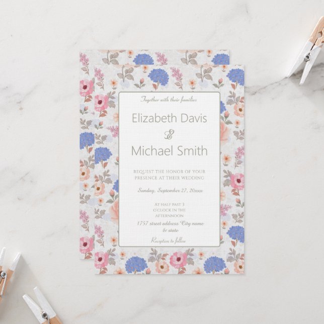 Antike Pastell Botanische Aquarellblumen Einladung (Vorderseite/Rückseite Beispiel)