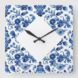 Antike portugiesische blaue Fliesen mit Blumenmust Quadratische Wanduhr