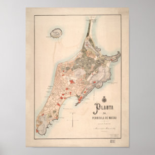 Antike portugiesische Karte von Macao 1889 Poster