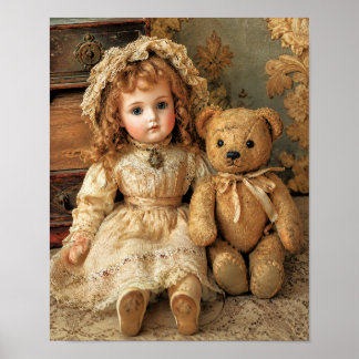 Antike Porzellanpuppe & Teddybär Poster