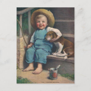 Antike Postkarte mit angelnder Jungen und Hund