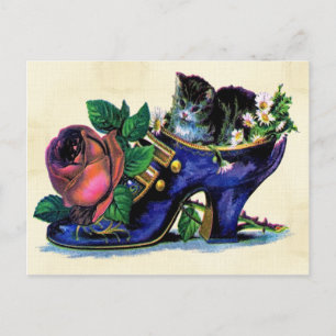 Antike Postkarte mit Kätzchen in einem Damenschuh