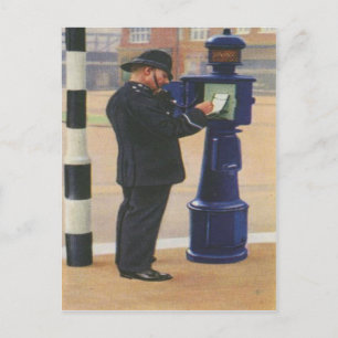 Antike Postkarte mit Londoner Polizei beim Telefon