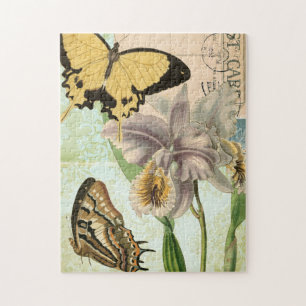 Antike Postkarte mit Schmetterlingen und Blumen