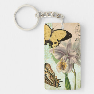 Antike Postkarte mit Schmetterlingen und Blumen Schlüsselanhänger