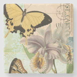 Antike Postkarte mit Schmetterlingen und Blumen Steinuntersetzer