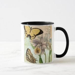 Antike Postkarte mit Schmetterlingen und Blumen Tasse