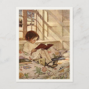 Antike Postkarte mit süßem Mädchen beim Lesen