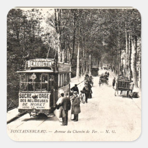 Antike Postkarte, Straßenbahn in Fontainbleau, Quadratischer Aufkleber