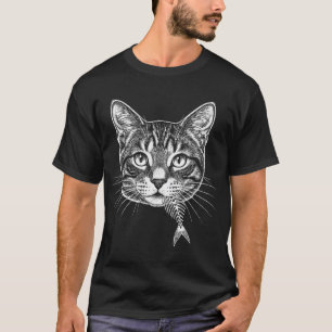 Antike Radierung Katzenkopf mit Fischgräten Skelet T-Shirt